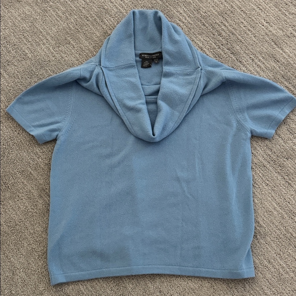 Rebecca Moses Blue Cashmere Cowl Neck Short Sleeved Sweater Sz L